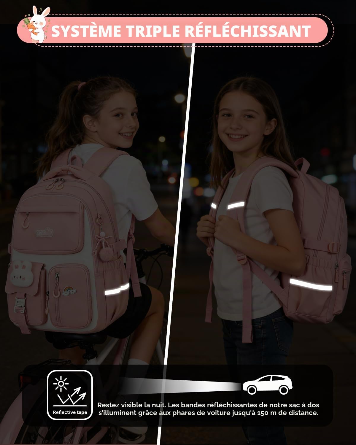 Amythe Cartable Fille Primaire, Sac à Dos Scolaire Léger en Nylon pour Filles, Tendance Sac d’École College pour les Voyages avec Pendentif, Convient aux Chariot, Rose