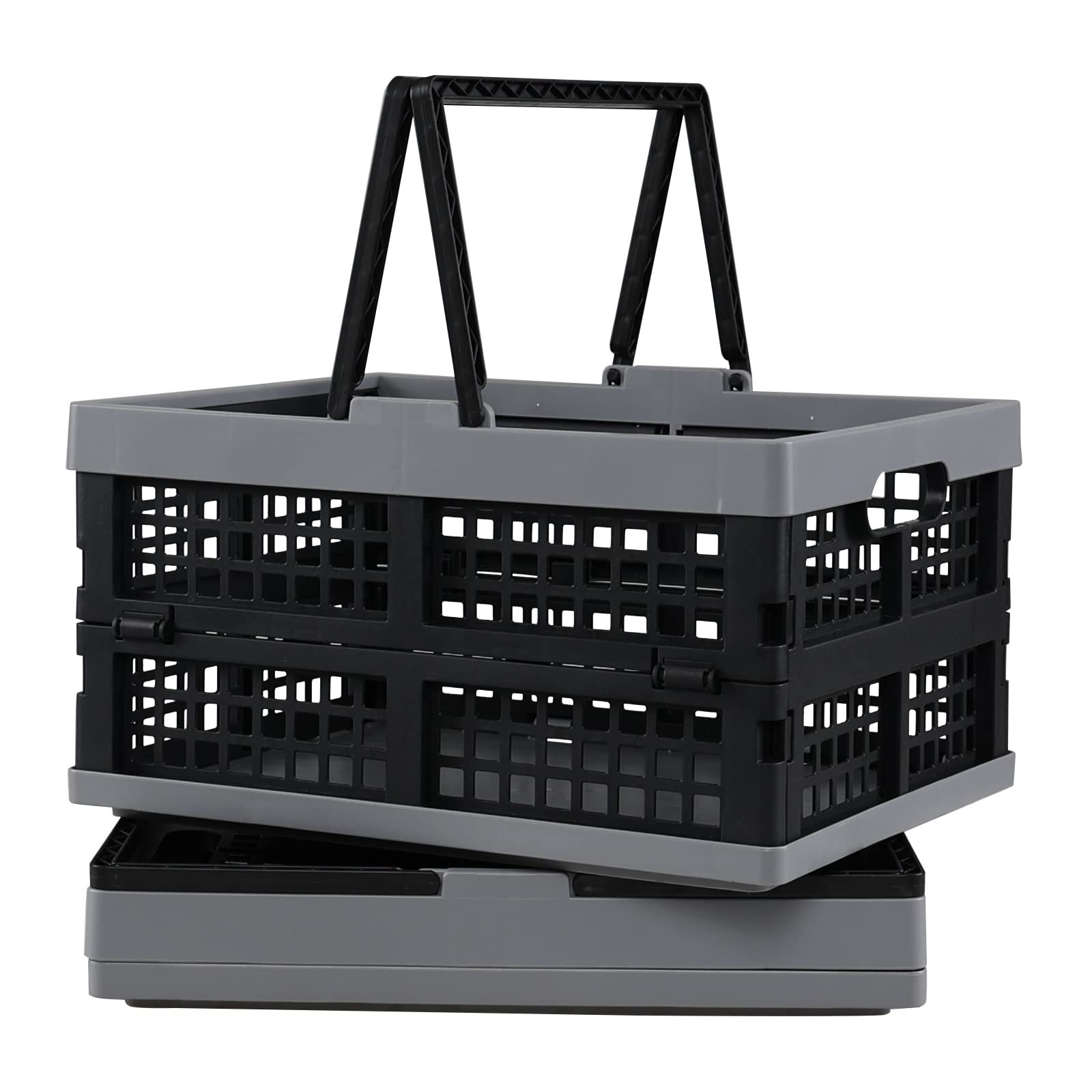 Paquete de 2 cestas plegables para la compra, caja de plástico plegable de 15 litros con asas, caja de almacenamiento móvil, pequeños contenedores apilables, color negro