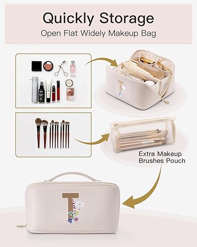 Miniatura 3 de Vlando Bolsa de cosméticos de viaje - Bolsa de maquillaje, bolsa de cosméticos impermeable de cuero PU, 02-Blanco-T, Moda