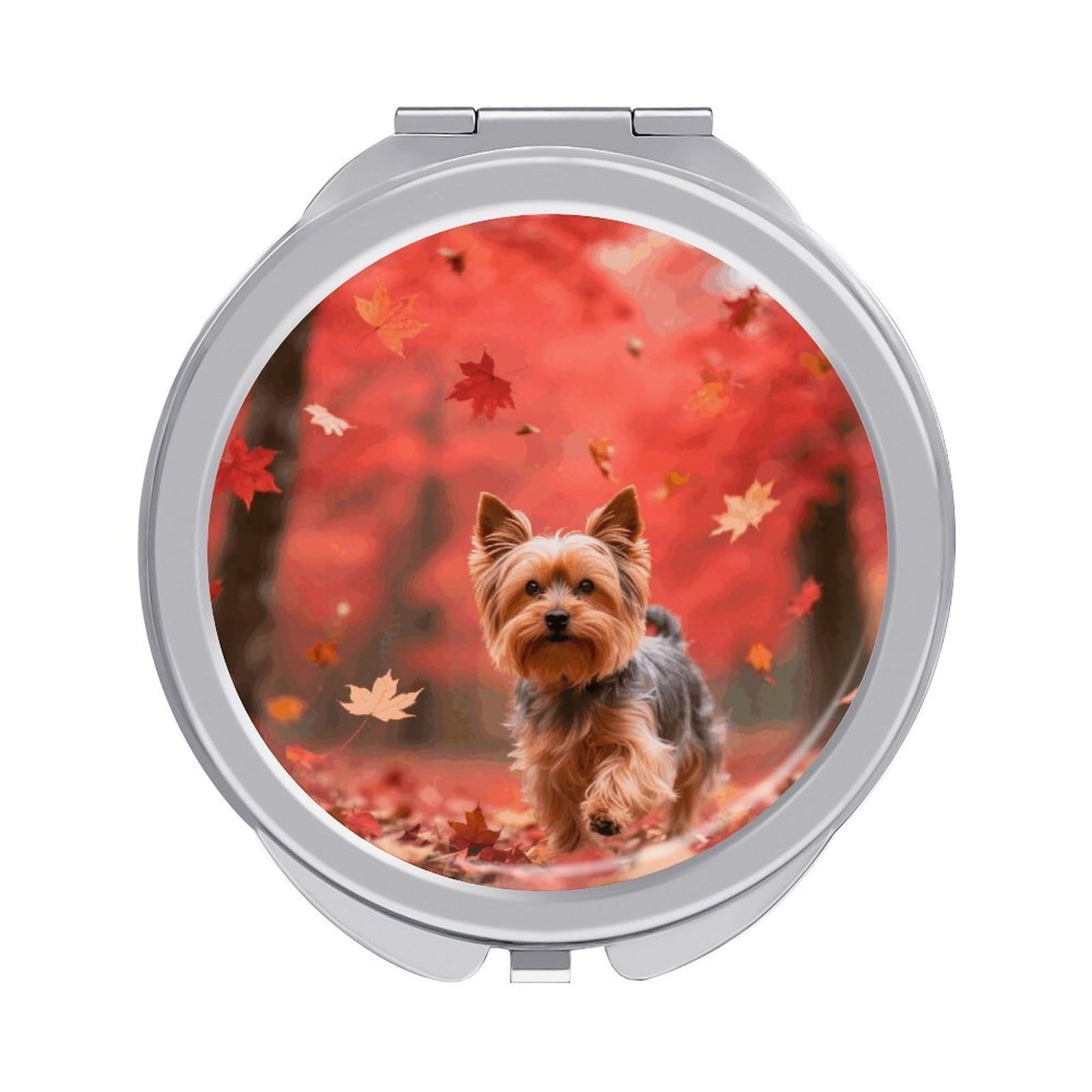VstaDank Yorkshire Terrier in Maple Forest Travel Makeup Mirror Fashion Folding Handheld Pocket Mirrors Portable Cute Mini Mirrors Round Compact Mirror for Purse Handbag& Gift Home Outdoor Use
