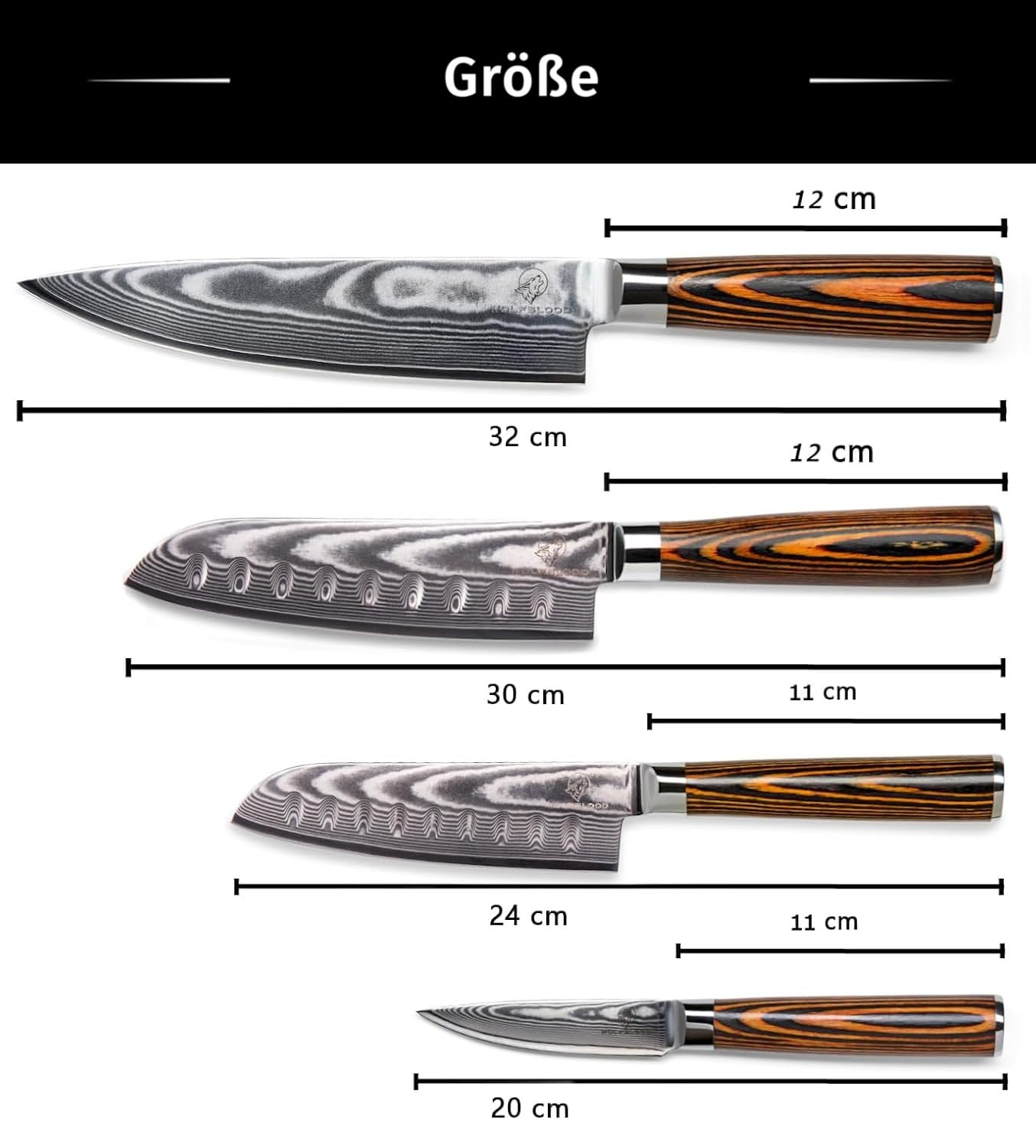 Wolfblood 4er Damastmesser Set (32, 30, 24 und 20 cm) TÜV geprüfter 62 HRC Damaststahl aus 67 Lagen I Damast Küchenmesser Set mit Chefmesser Santokumesser Klingenschutz & Geschenkbox