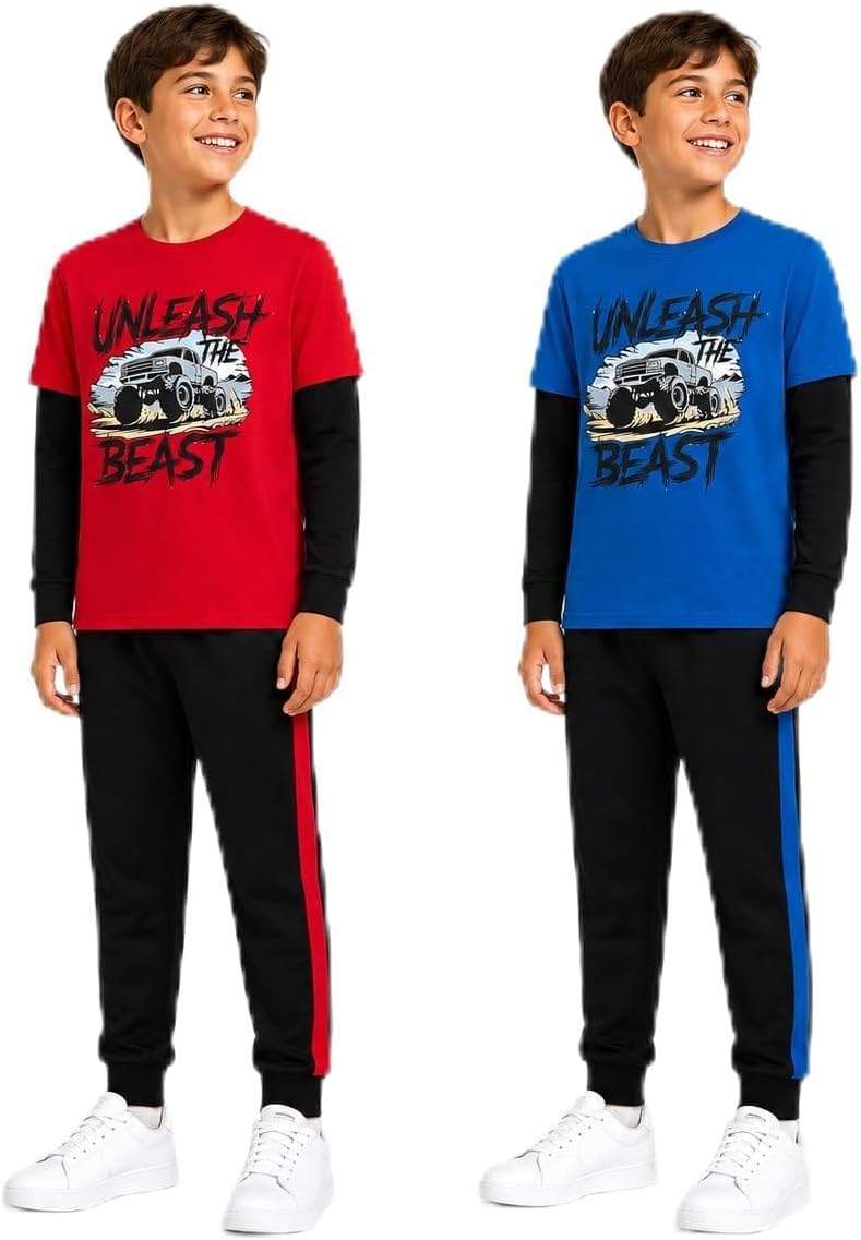 Pro Athlete Boys Sweatsuit Set - 4 Piece Short Sleeve Crewneck Athletic Graphic Tees and Tricot Jogger Sweatpants for Boys