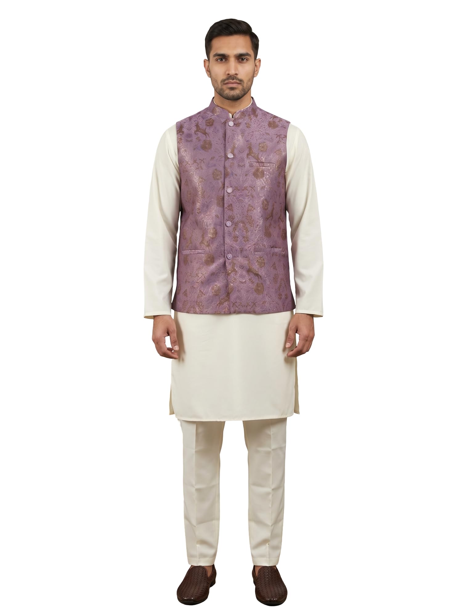jompers Woven Design Nehru Jacket with Cream Kurta Pyjama Set-picture-12