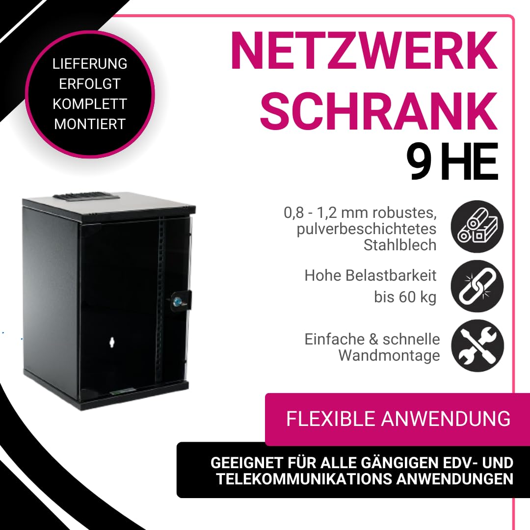 Netzwerkschrank 10 Zoll 9HE I 300 mm Tiefe I Serverschrank Schwarz | Wandmontage I abschließbare Glastür I voll montiert I 60 kg Traglast I 312x300x464 mm (Schwarz, 9HE)