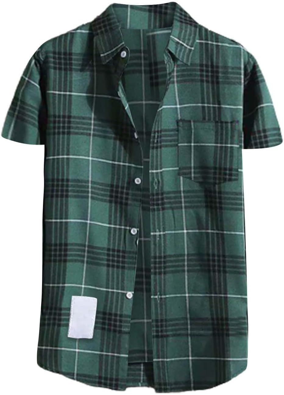 Mens Short Sleeve Button Down Shirts Cotton Plaid Regular Fit Men's Casual Button-Down Shirts with Pocket