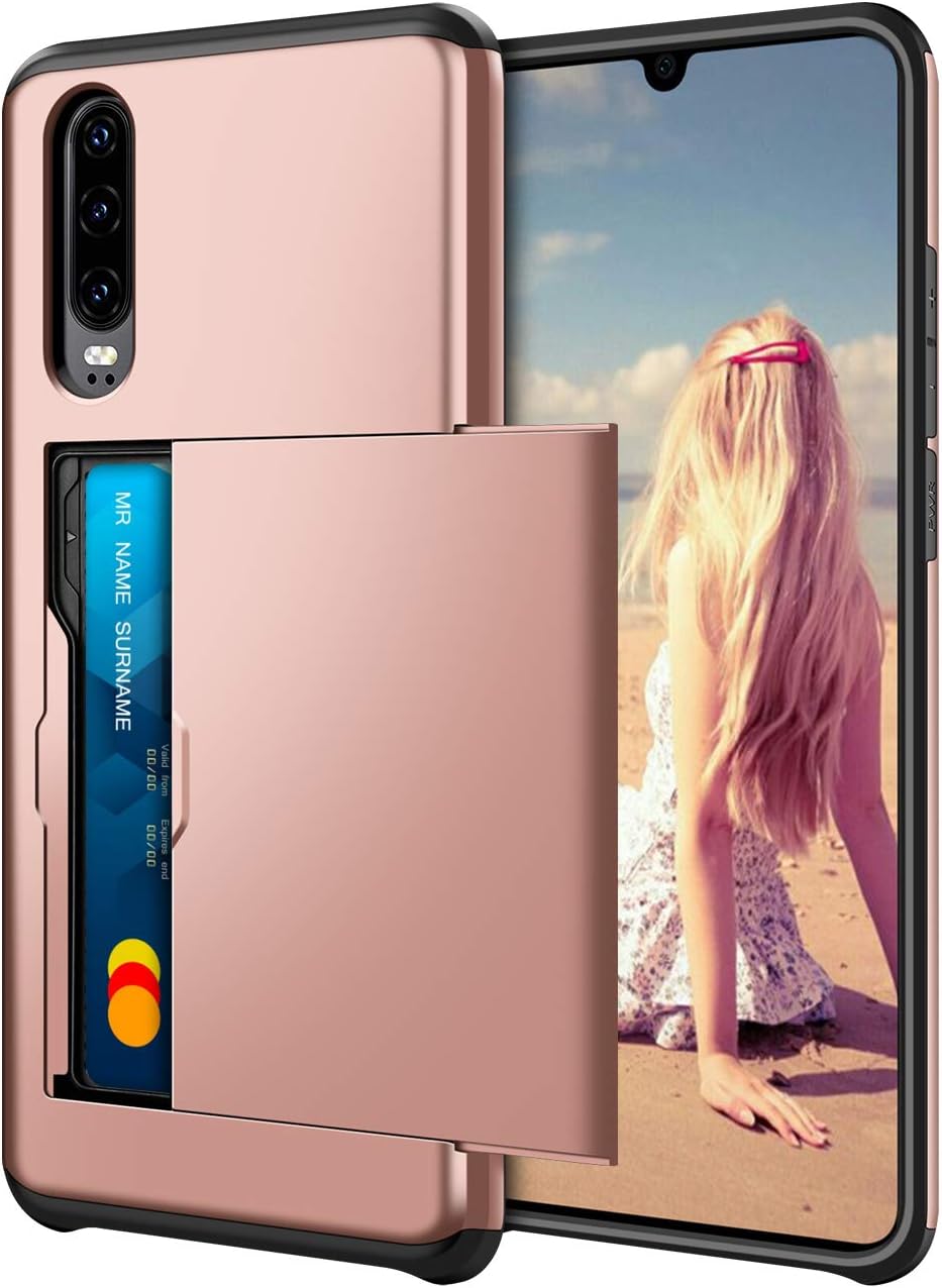 Coolden for Huawei P30 Case Armor Shockproof Case for Huawei P30 Wallet Case Cover Protective Case Heavy Duty Rubber Bumper Card Holder Slot Wallet Case Cover for Huawei P30 Phone Case (Rose Gold)