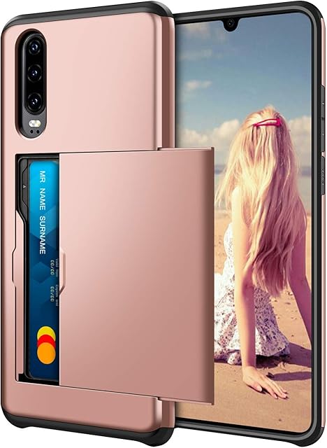 Coolden for Huawei P30 Case Armor Shockproof Case for Huawei P30 Wallet Case Cover Protective Case Heavy Duty Rubber Bumper Card Holder Slot Wallet Case Cover for Huawei P30 Phone Case (Rose Gold)