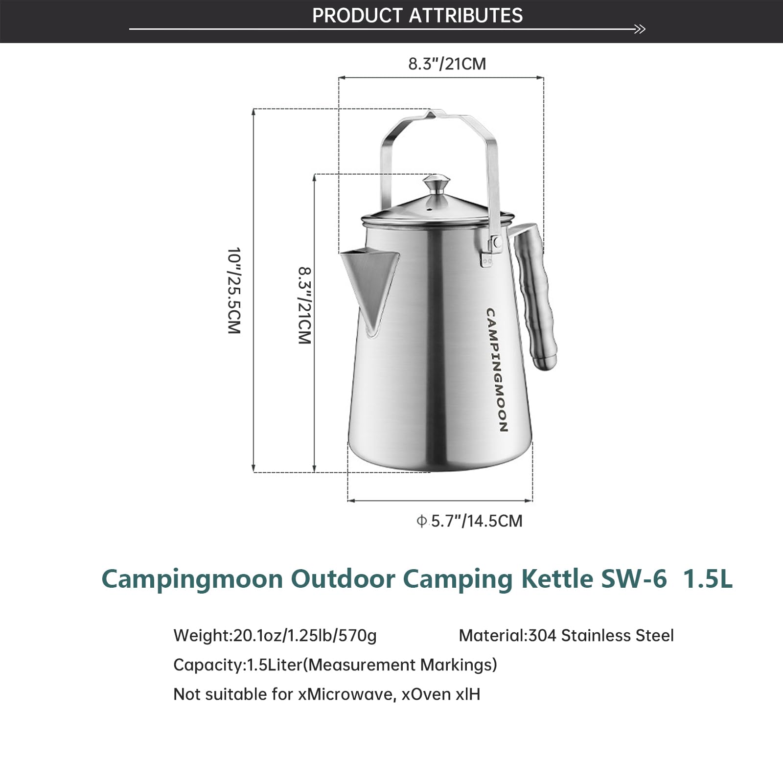Campingmoon Bouilloire de camping 1,5 L Bouilloire flottante Théière à eau pour la cuisine, la randonnée, le pique-nique, la pêche