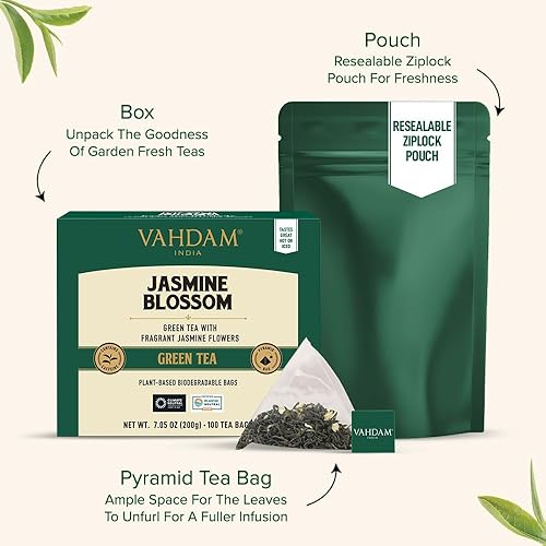 Miniatura 3 de VAHDAM Bolsas de té verde jazmín - 100 unidades  Té verde con flores de jazmín  Ingredientes 100 naturales  Bolsas de té de jazmín piramidal  Té