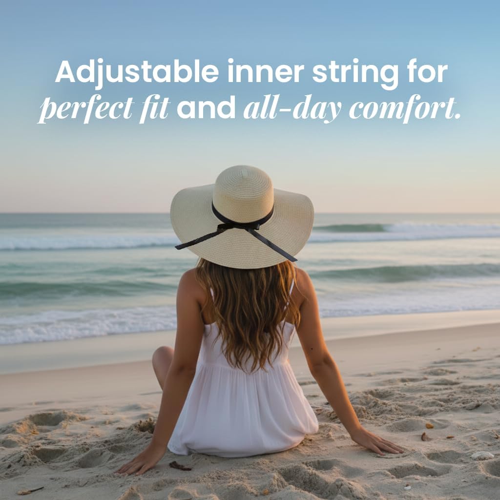 Floppy Hat - Wide Brim Straw Beach Hat for Women with Black Ribbon for Summer Vacation Travel & Sun Protection
