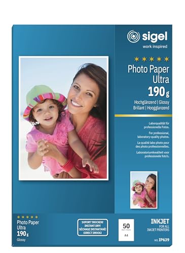 SIGEL IP639 InkJet-Fotopapier Ultra, A4, 50 Blatt, hochglänzend, extrem lichtbeständig, 190 g, für hochwertige Fotografien