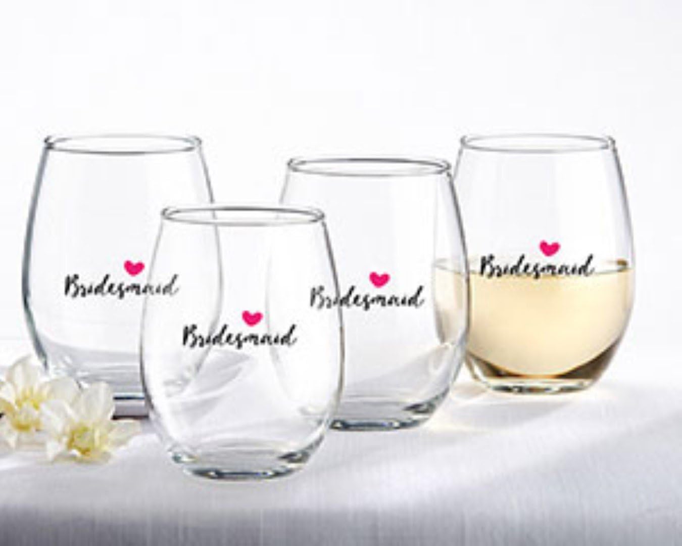 Kate Aspen, Bridesmaids Pink Heart Stemless Wine Glass, Party Favors, 15 Oz. (Set of 4)