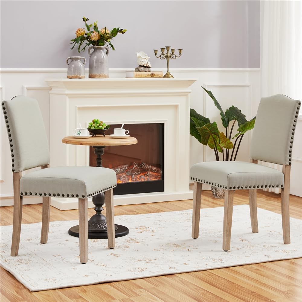 Yaheetech Juego de 2 Sillas de Cocina Tapizada de Tela Pata Madera Beige | Silla de Comedor Respaldo Alto, Silla de Cocina Tapizada de Tela, Diseño Clásico, Asiento Acolchado, para Salón y Cocina