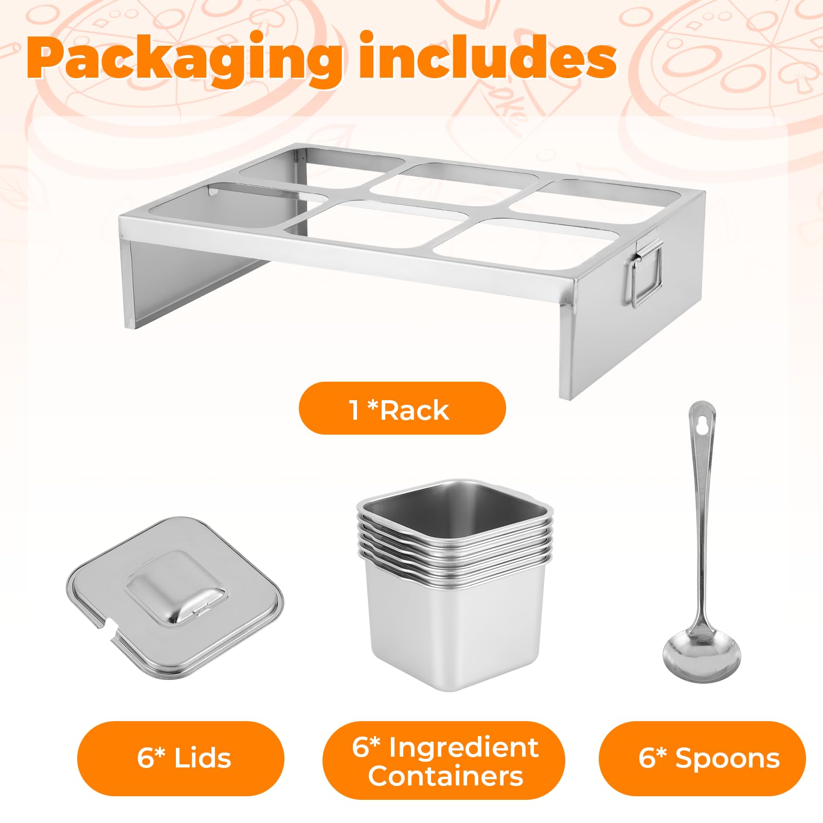 YJINGRUI Recipiente para ingredientes para pizza, 6 x 2 l, acero inoxidable, estación para pizza con asas y tapas para preparar salsas, especias, verduras, frutas, etc