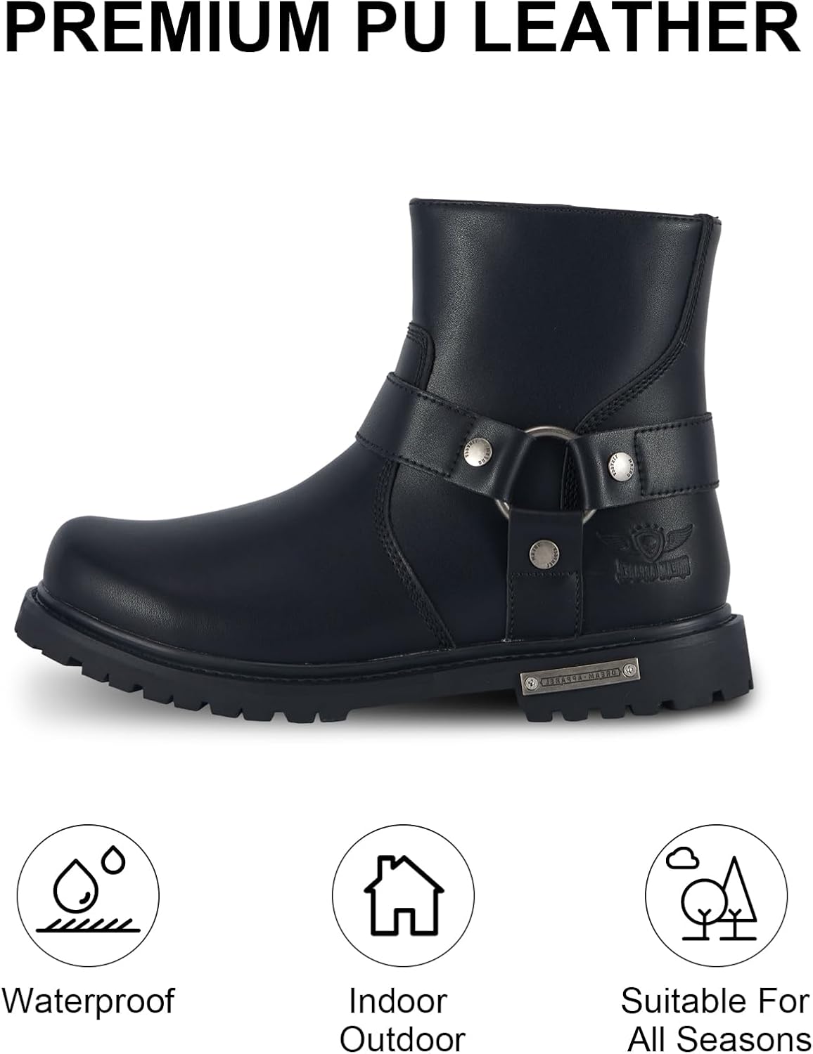 Men's Motorcycle Boot Black Riding Boots for Biker-Waterproof PU Leather Low Heels Zipper Fashion Casual Boots