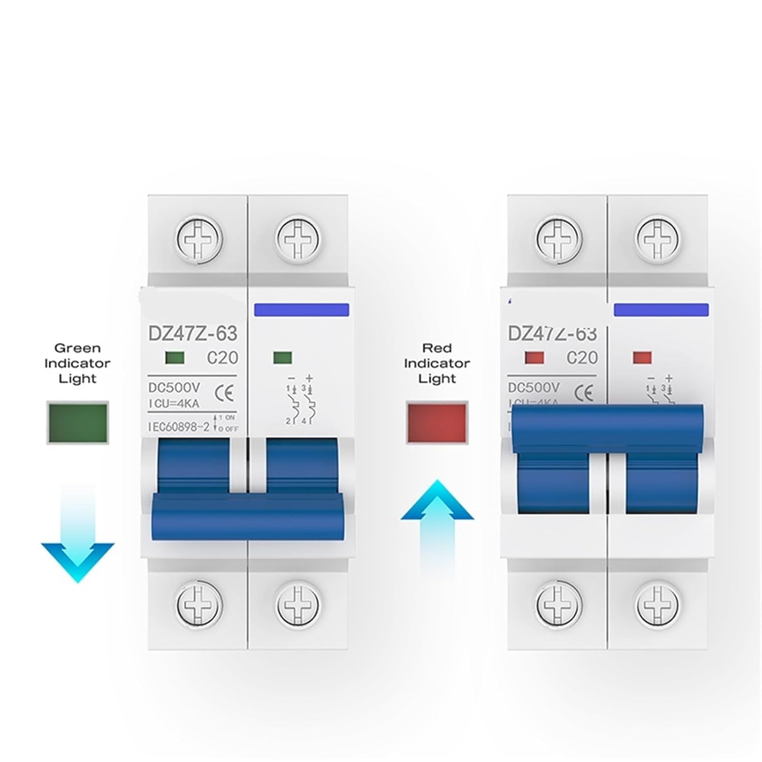 DC Miniature Circuit Breaker 2Pole 10A-63A 500V Thermal Magnetic Trip Din Rail Mount Switch 1Pcs(32A)