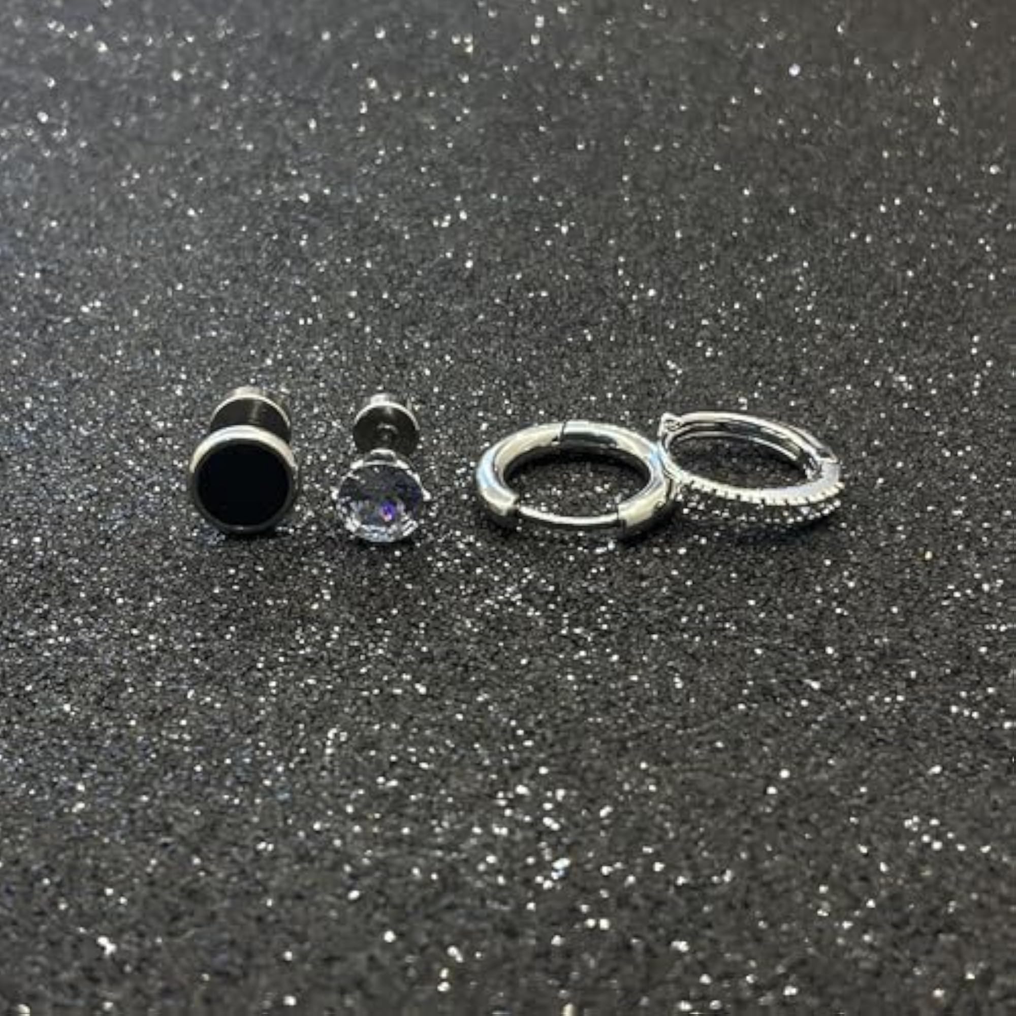 Stainless Steel Earring Set, 4 Pieces with Crystal and Black Onyx