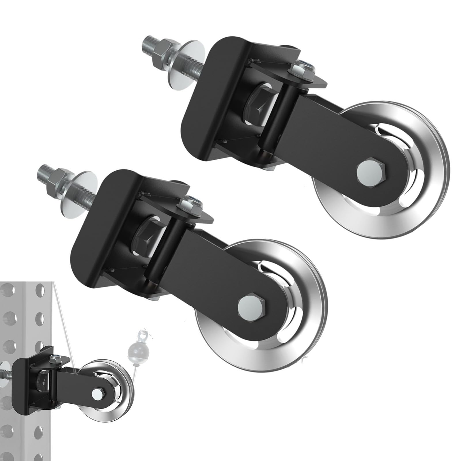 J Bryant Dual Aluminum Pulley Attachment for 3x3 Power Racks, 2 Pack 180° Pivot Cable Pulleys with 1" to 5/8" Adapter Spacers, Rack Mounted Cable System Upgrade for Home Gym Strength Training