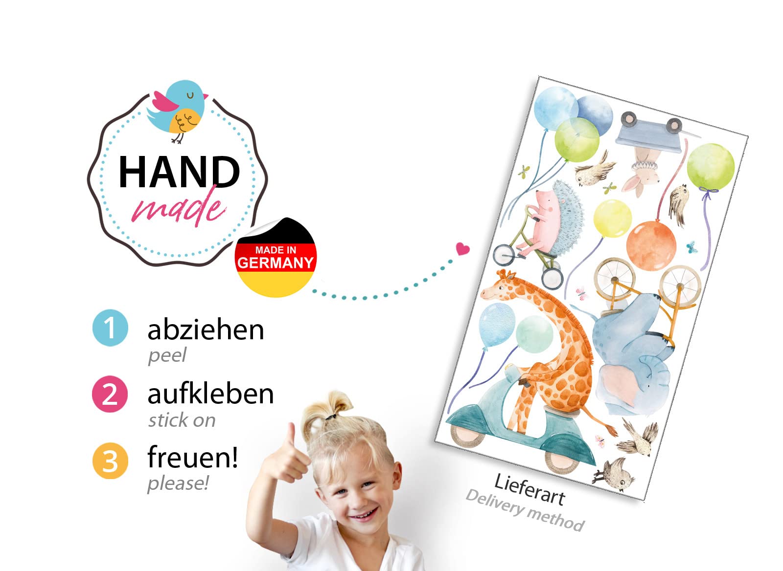 Little Deco Wandsticker Tiere mit Luftballons Wandtattoo Giraffe Elefant Baby Kinderzimmer Wandaufkleber Deko DL821-4