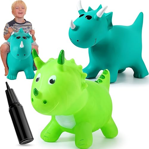 Hungdao 2 unidades de animales inflables de salto de dinosaurio para niños pequeños, juguetes de salto de caballo saltando en gorila con bomba para
