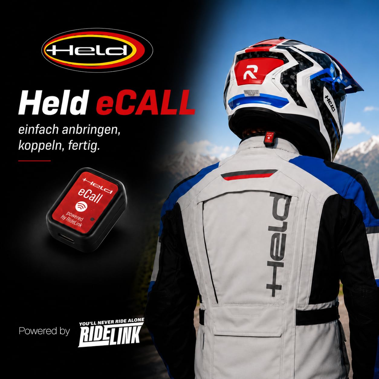 Held eCall Sensor Powered by RideLink para Chaqueta de Moto, Detector automático de Accidentes con detección de caídas, Ayuda rápida en Caso de caída y accidente, Llamada electrónica con aplicación