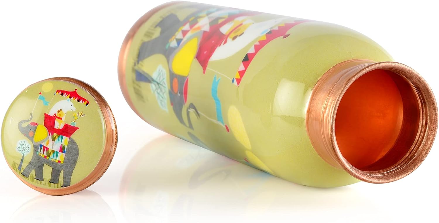 Pure Printed Copper Water Bottle - Leak Proof Ayurvedic Drinkware Copper Vessel for Sports, Gym, Outdoors, Yoga, Health Benefits