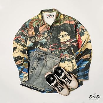 KARAKU「通俗水滸伝豪傑百八人之壱人・浪裡白跳張順」浮世絵柄長袖シャツ【新品 Amazon | [karaku] ボタンダウンシャツ メンズ 長袖 綿 100