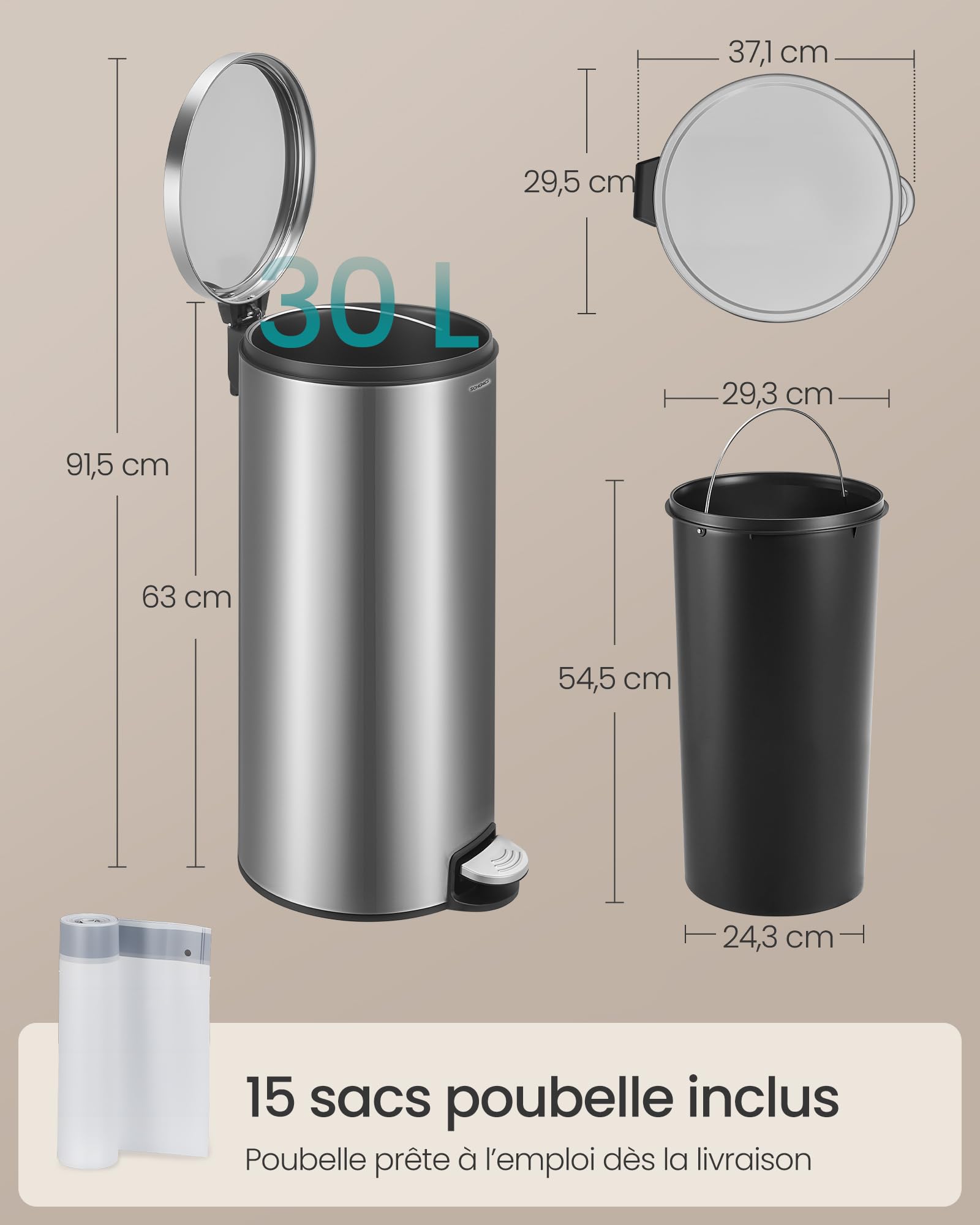 SONGMICS Poubelle 30 L, Rond, avec 15 Sacs Poubelles, Pédales en Métal, Seau Amovible en Plastique, Poignée, Couvercle à Fermeture en Douceur, en Acier Inoxydable, Argent LTB031EZ02