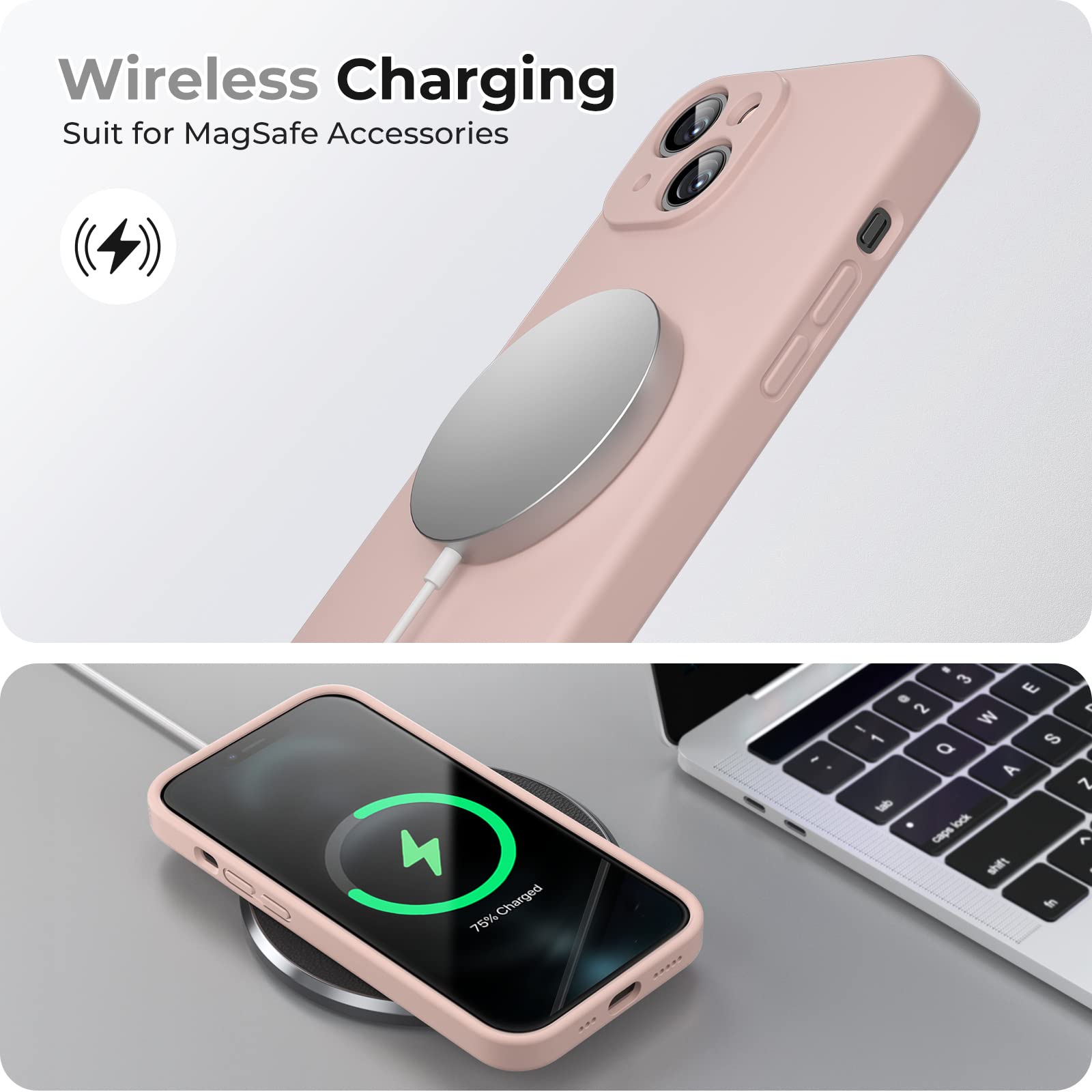 GOODVISH 3 in 1 Cover in Silicone per iPhone 14 6,1'' (2022), con 2 Pezzi di Pellicola Protettiva, Custodia per Cellulare Ultra Sottile Antiurto Resistente Protezione Fotocamera, Rosa Sabbia