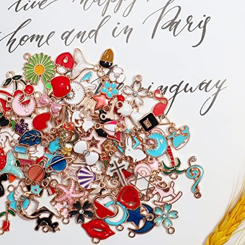 ALinmo Unisex 100Pcs Wholesale Bulk Lots Jewelry Making Charms Assorted Gold Plated Enamel Pendants for DIY Necklace Bracelet Earring Craft Supplies
