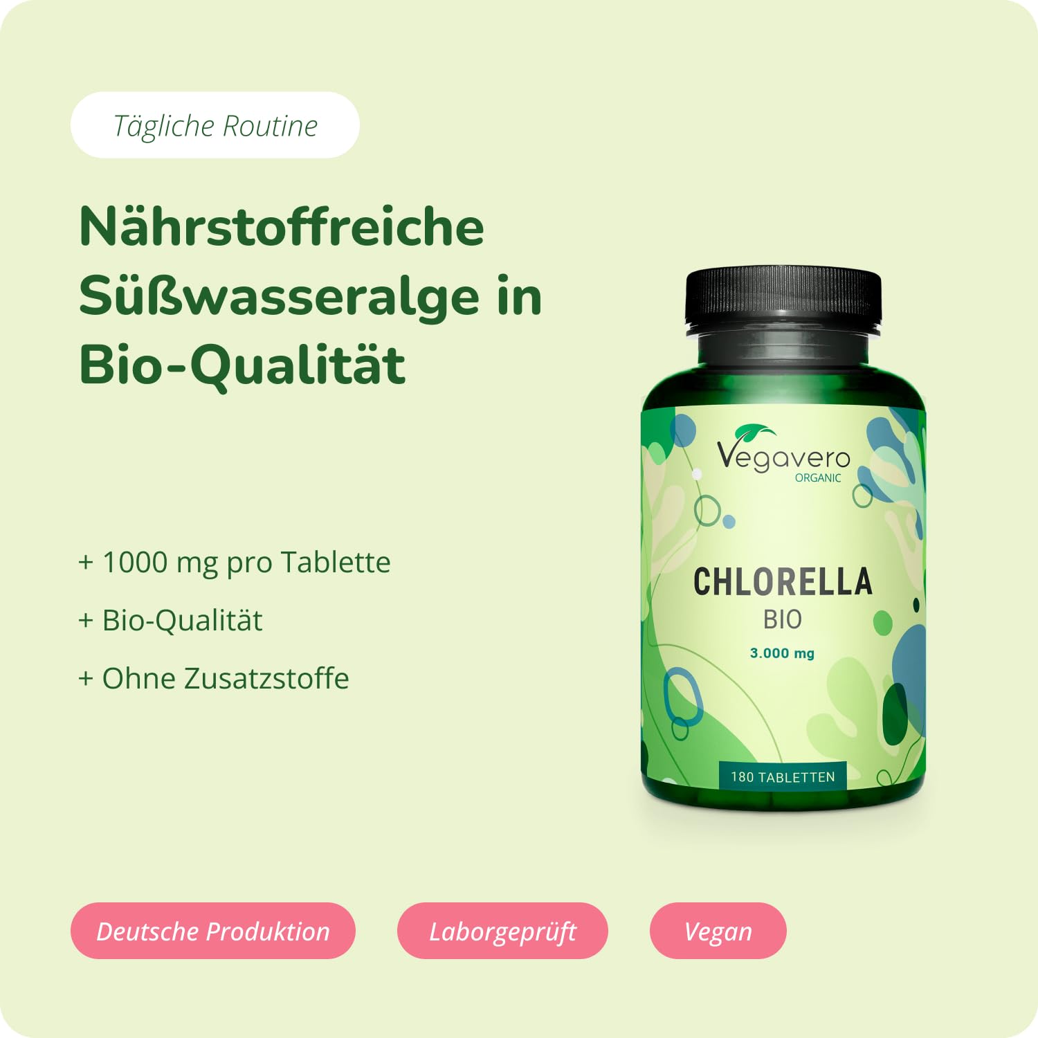 Chlorella Bio Vegavero | 1000 mg Presslinge: Höchster Gehalt | Vegan & Ohne Zusätze | 180 Chlorella Tabletten