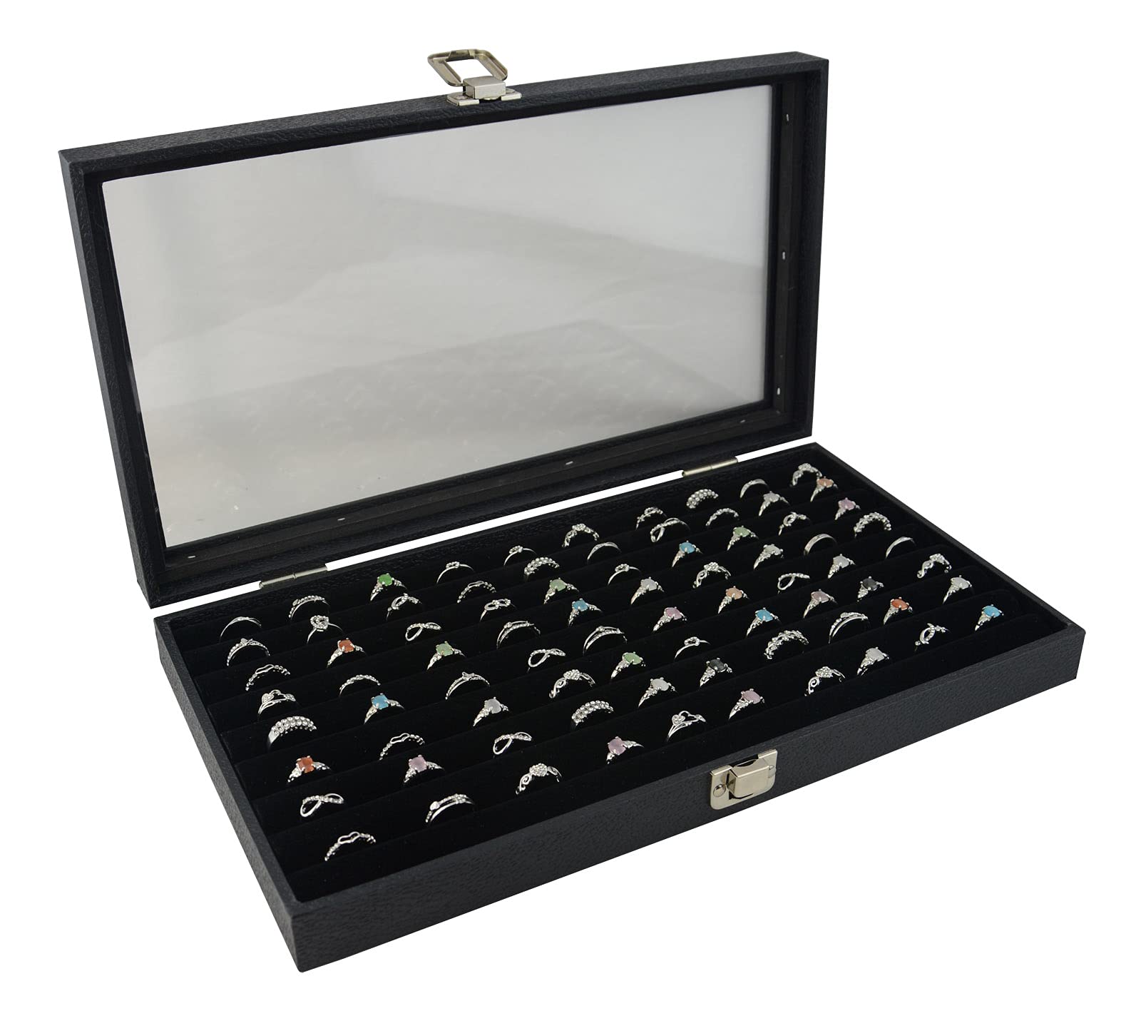 Box Displays Display Storage Tray Case Snap Close Glass lid with Choice of Insert - Jewellery Display Storage Box Organiser (Case with Black Velvet Ring Rolls)