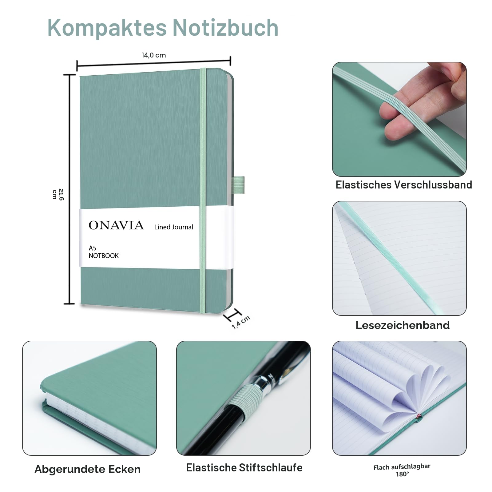 ONAVIA A5 liniertes Journal Notizbuch 3er Pack, 8,5 x 11 Zoll College-Ruled Notizbücher, 160 Seiten, große Notizbücher mit dickem Papier, Grün, Rosa, Kornblumenblau