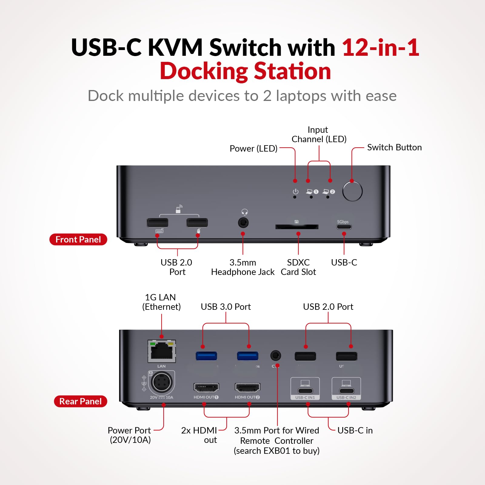 AV Access KVM Switch Dock 2 Monitors 2 Laptops, 4K KVM Switch Dual Monitor, 2 USB-C MST Ports, 60W PD for Each PC, 1G Ethernet, EDID Emulation, 2K@144Hz, 1080P@240Hz, Ideal for Home Office & Gaming