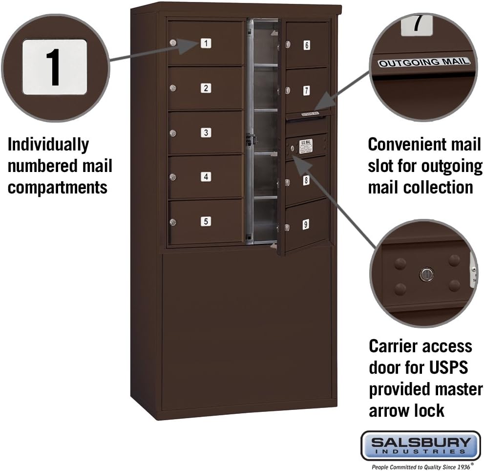 Salsbury Industries 3910D-09ZFU 4C Free Standing Horizontal, Front Loading, Double Column, 9 MB2 Doors, USPS Access, Bronze Mailbox