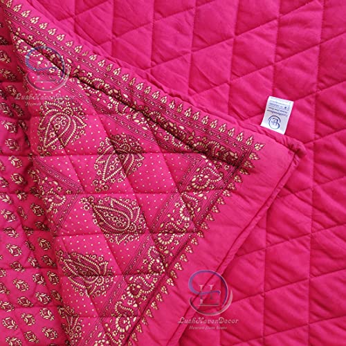 Image of Jaipuri Razai Single Bed Gold Print with Computerized Quilting Use as Soft and Breathable Cotton Comforter Quilt Rajai Blanket Dohar Size 55X85 inch Pink Pack of 2