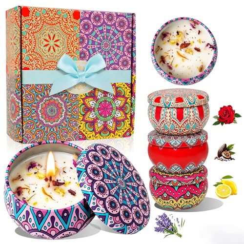 MILINITIQI 4 Pack Candles Gift Set for Women, Small Scented Candles with 8% Essential Oils, Natural Soy Candle with Floral Scents, Elegant Gifts for Women,Men,for Spa,Bath,Yoga,Birthday Mother's Day