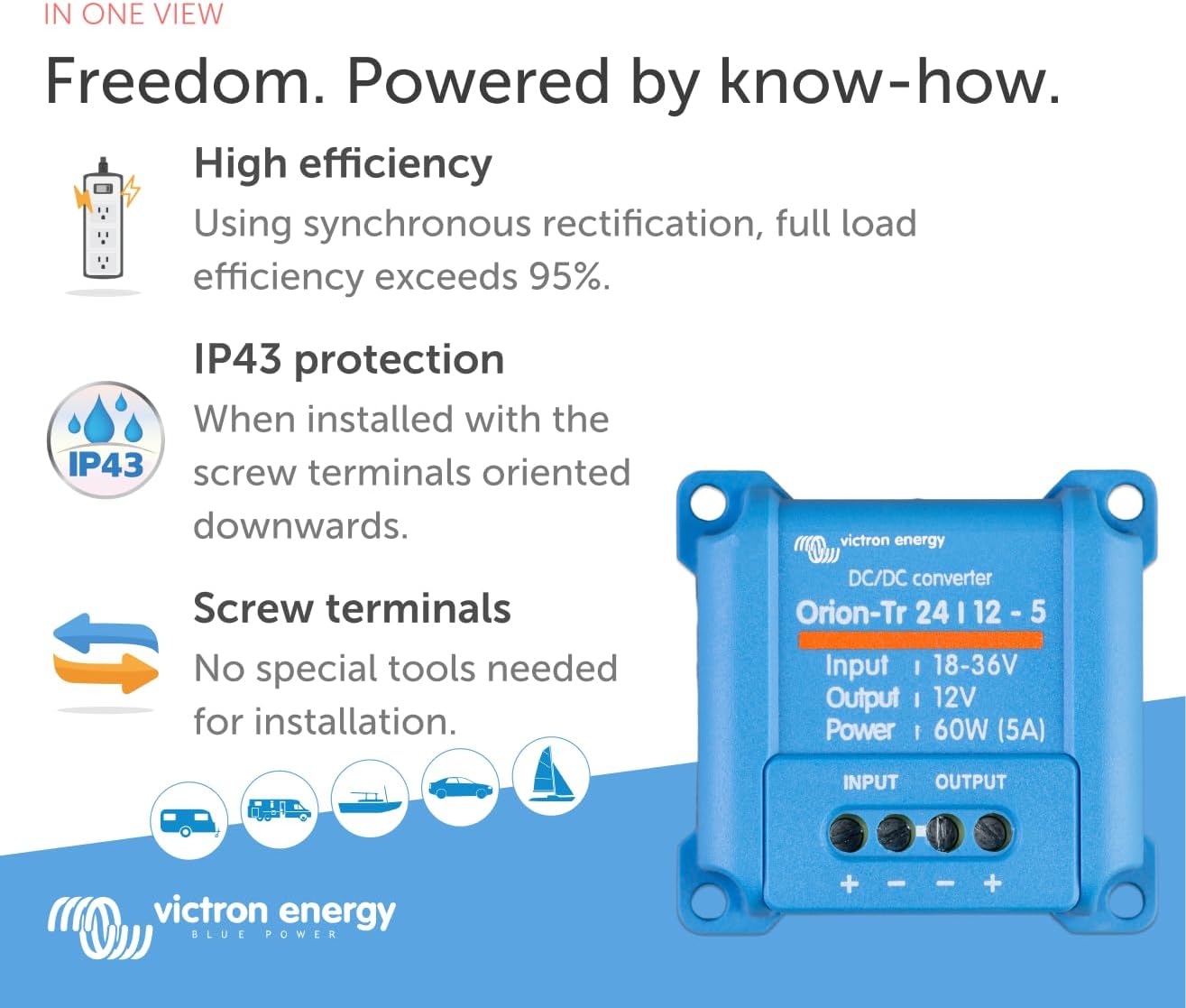 Victron Energy Orion-Tr DC to DC Converter - 24/12-Volt 5 amp 60-Watt - IP43 Protected - for Dual Battery Systems - Non-Isolated