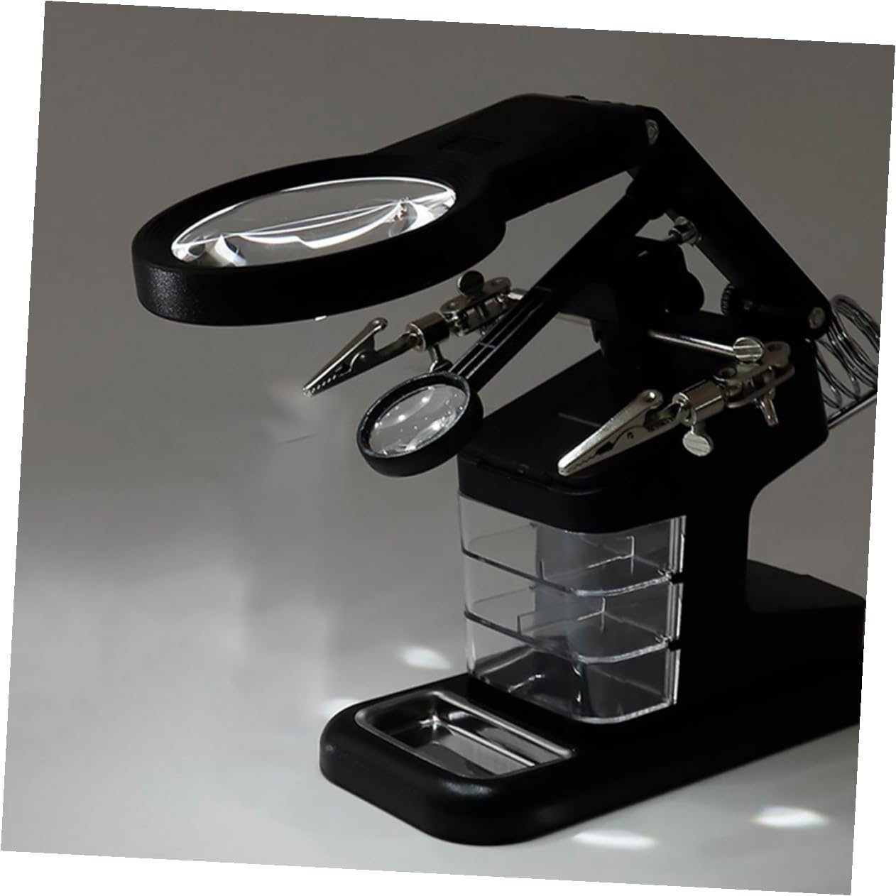 Ipetboom Estación de Lupa de Sobremesa LED Soporte Ajustable, Aumento 3X, Luz Regulable para Soldadura Electrónica y Modelismo, 3 Cajones de Almacenamiento, Uso Profesional en Taller Negro