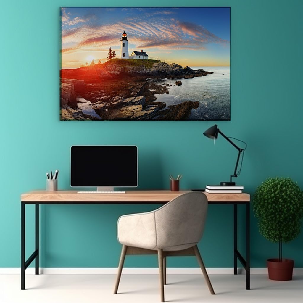 Canvas for Living room. Lighthouse at Sunset - The Beacon of Serenity Amidst a Symphony of Warm Hues, 27 x 18 inch Canvas Wall Art - Contemporary Masterpieces - Modern Home Decor