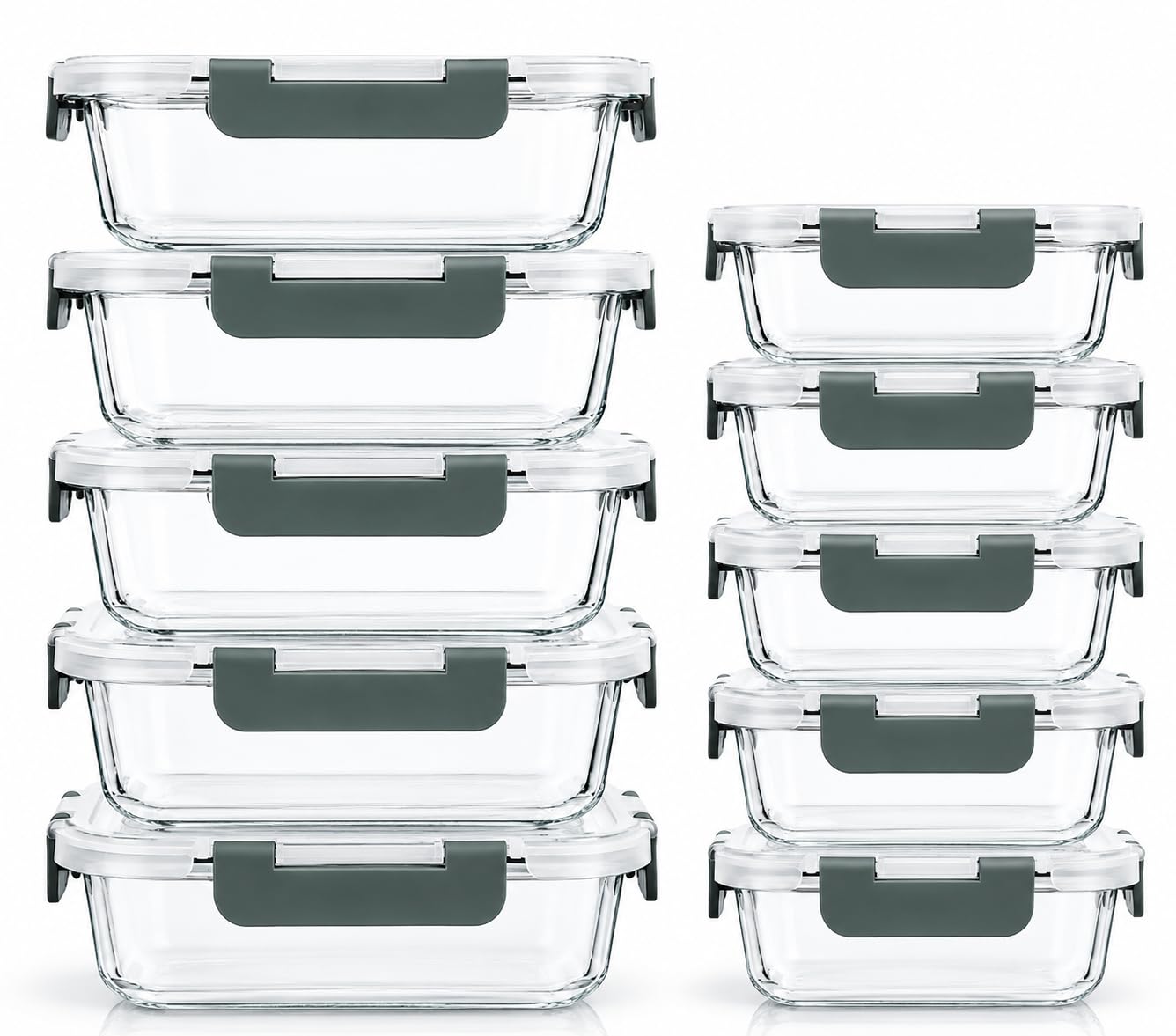 Visario Set di 10 contenitori in vetro (20 pezzi) – 5 x 1040 ml & 5 x 370 ml, ermetici Bento, senza BPA, adatti al microonde e alla lavastoviglie, Meal Prep