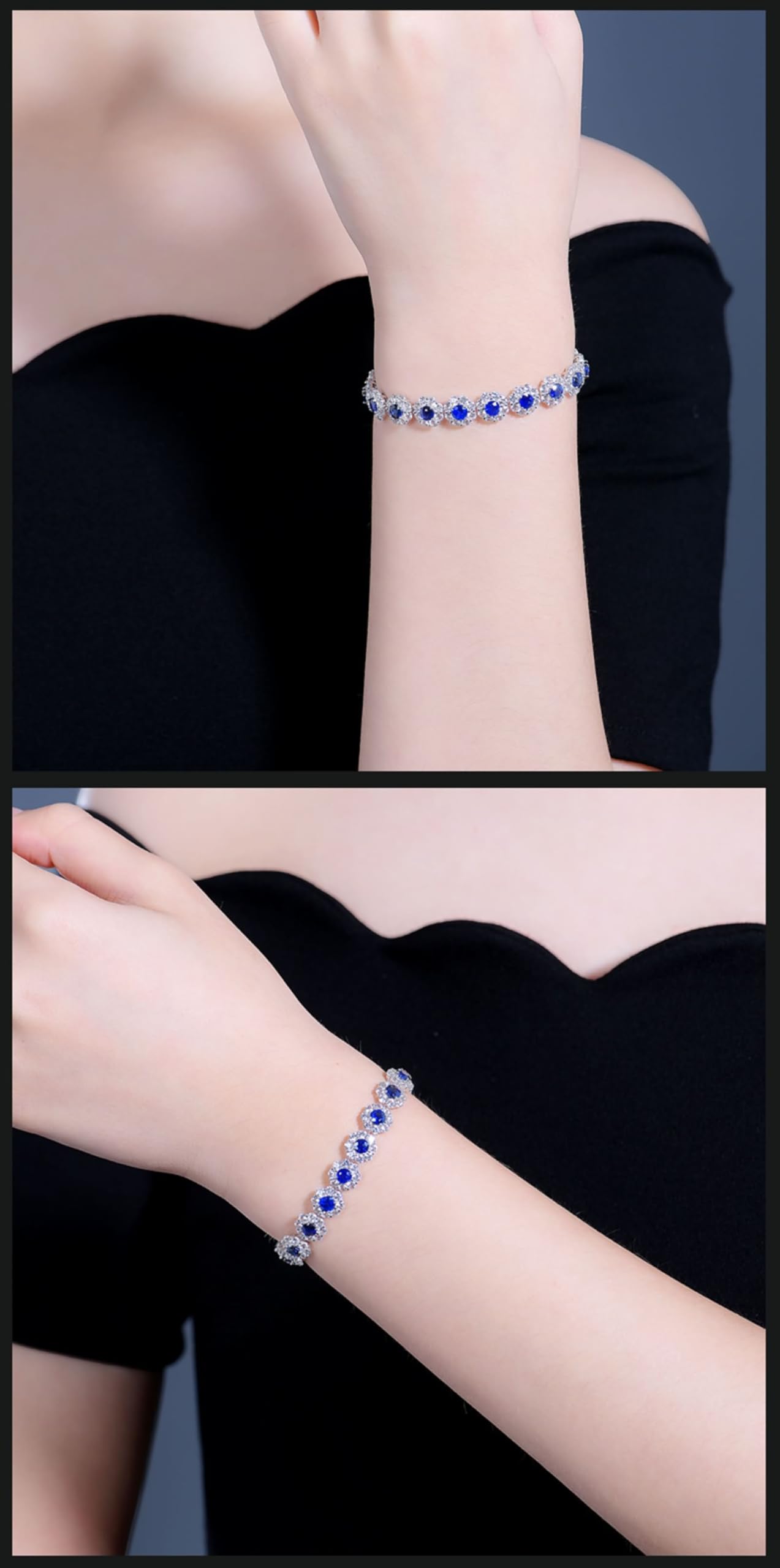 Pulseras Mujer Oro Blanco 9Kt / 14Kt / 18Kt, Flor y Redondo con Zafiro Creado de 7,7 ct y Diamante, Cadena 16 CM, Pulsera de Mujer Plata Azul