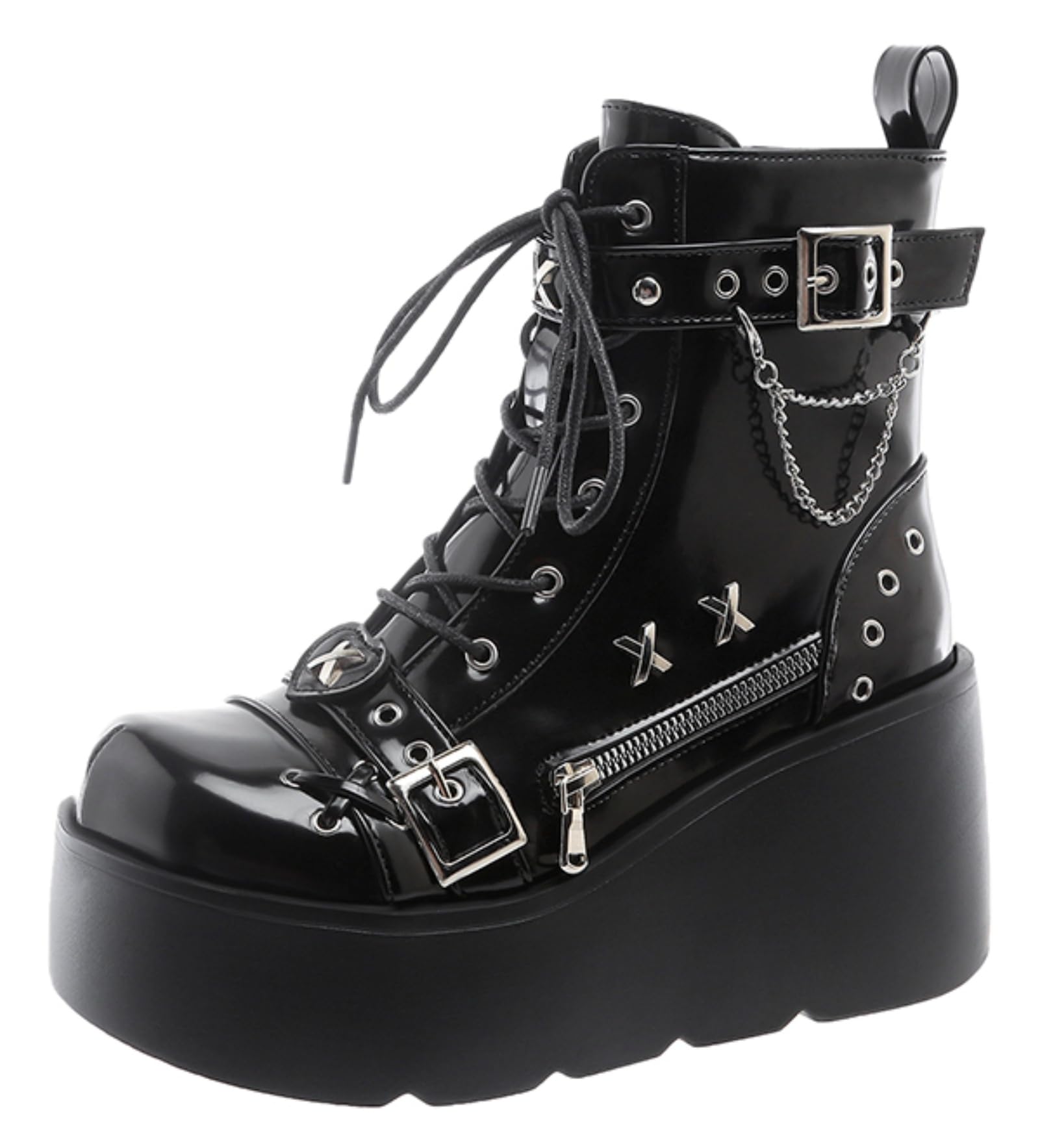 Womens Goth Combat Ankle Boots Studded Boots for Women with Chunky Platform Heel Buckle and Chain Round Toe