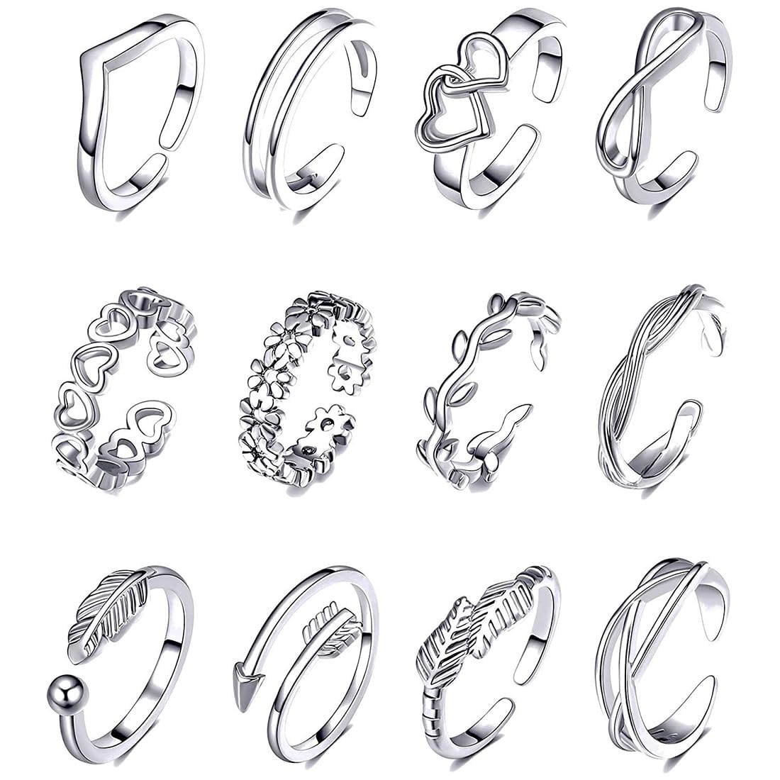 SSRDFU 12 Pcs Anillo para nudillos para mujer, tobillera de aleación de acero inoxidable, anillo ajustable hipoalergénico para mujer, anillo de flor con punta abierta, conjunto de dedo