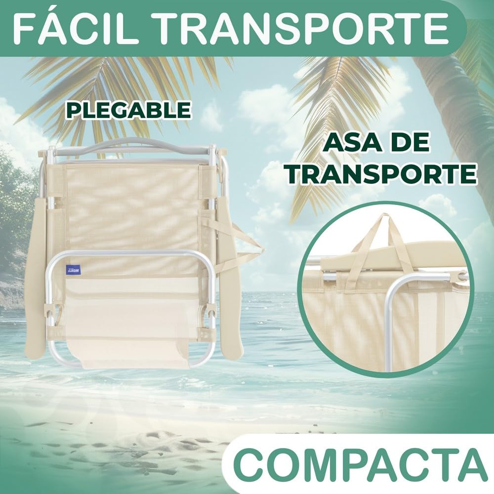 MONTY Silla de 4 Posiciones con Cojin en Color Beige. Fabricada en Aluminio y Textileno. Medidas 61 x 47 x 80 cm. Tubo de 22 mm de Grosor. Muy Comoda e Ideal para Dias de Playa.