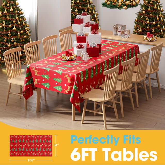 Image of Niuara Christmas Red Plastic Table Cloth - 4 Pack 54 inch x 108 inch Rectangle Disposable Tablecloths for 6FT Tables, Table Cover for Party, Holiday & Gathering Use
