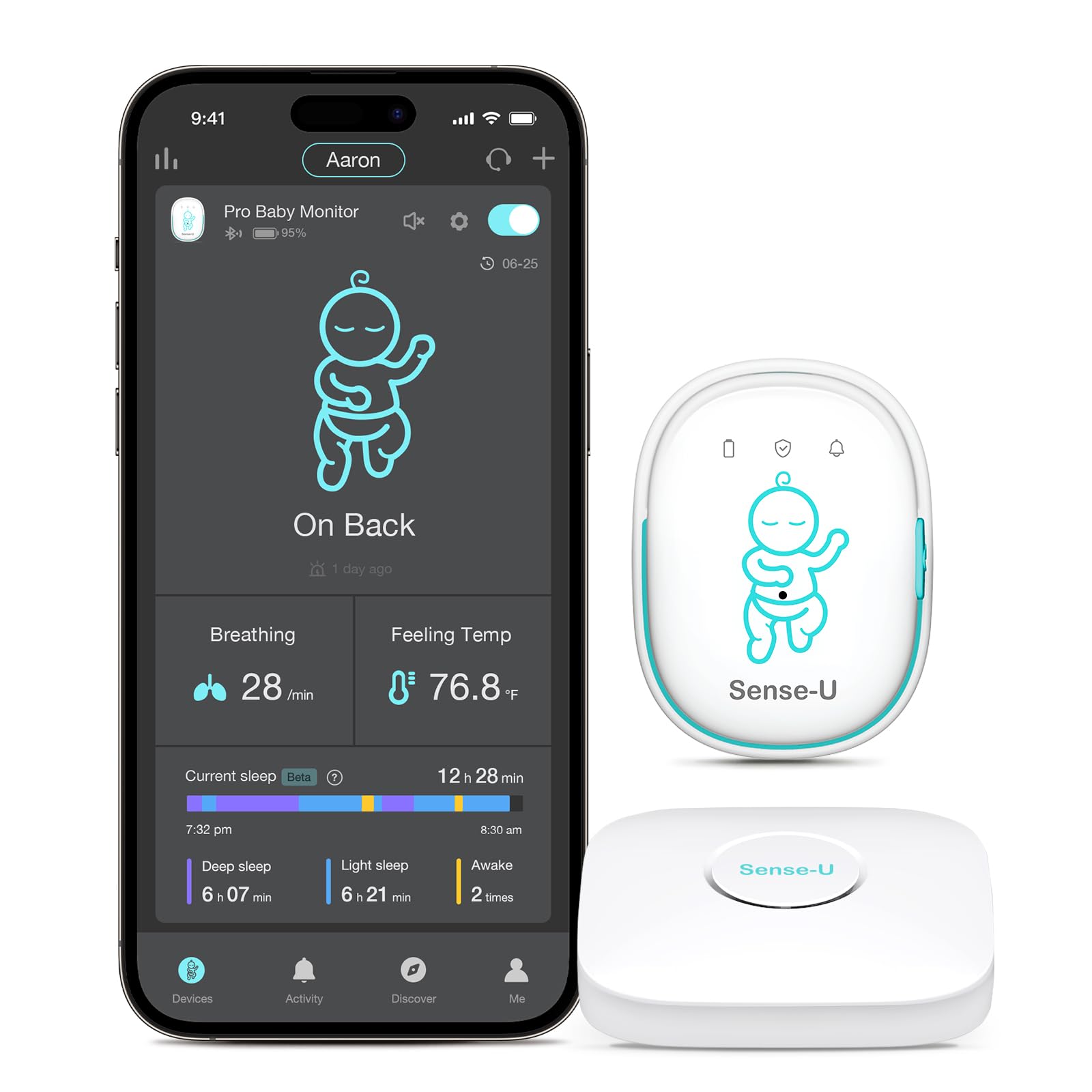 Sense-U Pro Baby Monitor(Long Range) – Tracks Breathing Movement, Rollover & Temperature Anywhere for Better Sleep, Simple Clip-On Smart Tracker with Arousal Vibration, Audible Alerts & Sleep Analysis