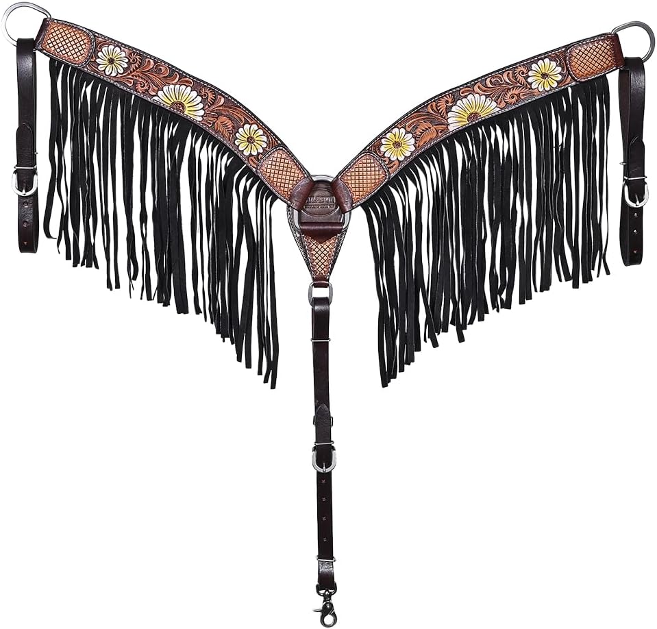 HILASON Western Horse Floral Hand Painted American Leather Breast Collar Fringes Brown