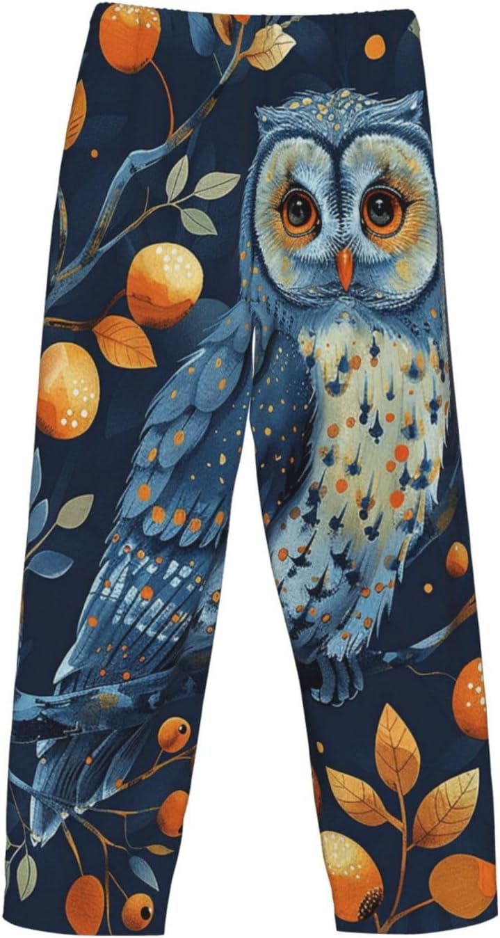 Men's Pajama Pants Flannel Pj Bottoms Anime Owl Sleep Pant with Drawstring & Pockets