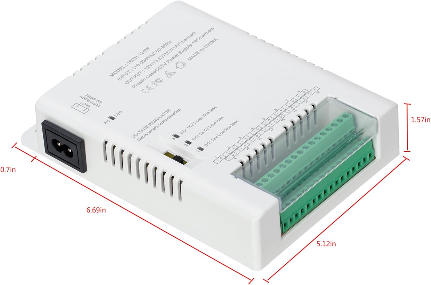 16 Channel CCTV Camera Power Supply Distribution Power Supply 90V-264VAC Input to 12V-13.8-15VDC Output Security Camera Power Adapter with PTC Fuse (HD16C120W)
